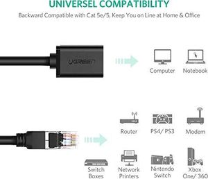 Ugreen Przedłużacz UGREEN do kabla Ethernet, kabla LAN, kabla sieciowego Gigabit i kabla RJ45 Kompatybilny z Cat5 Cat5e Cat6 Cat7 Cat8, kabel adaptera do sieci Ethernet, LAN, przedłużacz sieci (3 m) 3