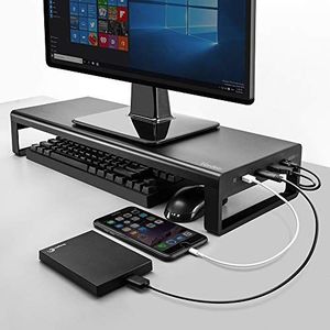 VAYDEER Vaydeer USB 3.0 Hub Monitor Stand Aluminiowy metalowy monitor Riser Obsługuje przesyłanie danych i ładowanie, organizer na biurko na klawiaturę i mysz do 32 cali na laptopa, komputer, MacBook 1