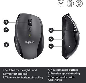 Mysz Logitech Mysz bezprzewodowa M705 Marathon, połączenie 2,4 GHz przez odbiornik USB Unifying, czujnik laserowy 1000 DPI, 3-letnia żywotność baterii, 7 przycisków, PC / Mac - czarny 8