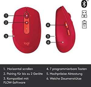 Mysz Logitech Logitech M590 Silent Wireless, Bluetooth i połączenie 2,4 GHz przez odbiornik USB Unifying, czujnik optyczny 1000 DPI, 2-letnia żywotność baterii, PC / Mac - rubinowo-czerwony / czerwony 3