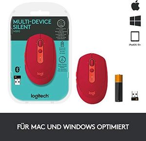 Mysz Logitech Logitech M590 Silent Wireless, Bluetooth i połączenie 2,4 GHz przez odbiornik USB Unifying, czujnik optyczny 1000 DPI, 2-letnia żywotność baterii, PC / Mac - rubinowo-czerwony / czerwony 10