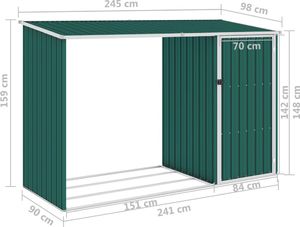 vidaXL Szopa z wiatą na drewno, zielona, 245x98x159 cm, stal 7