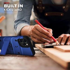 Zizo Bolt Cover - Pancerne etui iPhone 12 / iPhone 12 Pro ze szkłem 9H na ekran + podstawka uchwyt do paska (niebieski/czarny) 6