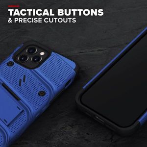 Zizo Bolt Cover - Pancerne etui iPhone 12 / iPhone 12 Pro ze szkłem 9H na ekran + podstawka uchwyt do paska (niebieski/czarny) 9