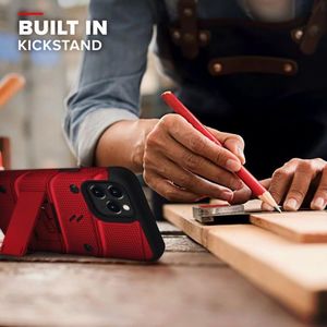 Zizo Bolt Cover - Pancerne etui iPhone 12 / iPhone 12 Pro ze szkłem 9H na ekran + podstawka uchwyt do paska (czerwony/czarny) 6