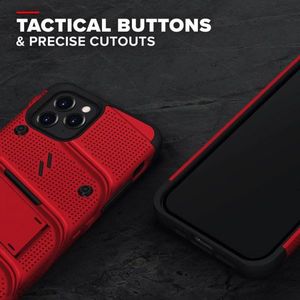 Zizo Bolt Cover - Pancerne etui iPhone 12 / iPhone 12 Pro ze szkłem 9H na ekran + podstawka uchwyt do paska (czerwony/czarny) 9
