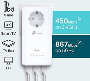 Adapter powerline TP-Link Zestaw adapterów Powerline Gigabit WLAN WiFi TP-Link z gniazdem AV1300 AC1350 TL-WPA8630P KIT (idealny do strumieniowego przesyłania multimediów, Wifi Clone, MU-MIMO, kontroli aplikacji, 4 porty Gigabit, plug play, tryb AP) biały 2