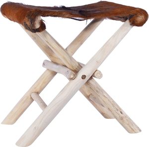 vidaXL Składany stołek, skóra naturalna i lite drewno tekowe 1