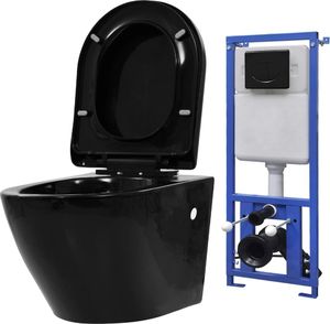 Zestaw podtynkowy vidaXL Podwieszana toaleta ceramiczna ze spłuczką podtynkową, czarna 1
