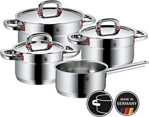 WMF WMF Premium One 4-częściowy zestaw garnków, polerowana stal nierdzewna Cromargan, garnki z metalową pokrywką, garnek indukcyjny, wewnętrzne skalowanie, otwieranie pary, niepowlekane 1