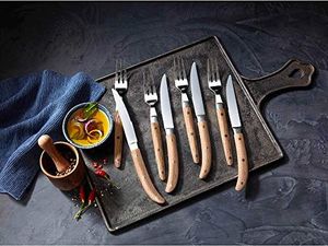 WMF WMF Ranch 12-częściowe sztućce do steków, dla osób 6, widelec do steków, nóż do steków, kuta specjalna stal ostrza, matowa stal nierdzewna Cromargan, olejowane drewno dębowe 9