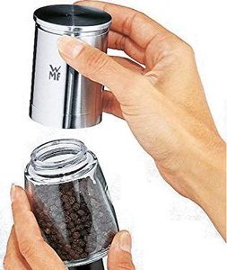 Młynek do przypraw WMF Zestaw młynek do soli i pieprzu WMF De Luxe, 2 sztuki, niewypełniony, 14 cm, stal nierdzewna Cromargan, szklany pojemnik, młynek ceramiczny, młynek do soli, pieprzu, papryczki chili 5