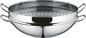 Patelnia WMF Zestaw woków imprezowych WMF, sztuki 4, patelnia wok z pokrywką, 36 cm, amortyzator 4,5l, stojak do przechowywania, wkładka amortyzatora Cromargan stal nierdzewna polerowana, niepowlekana, indukcja 4