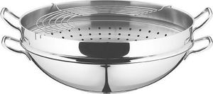 Patelnia WMF Zestaw woków imprezowych WMF, sztuki 4, patelnia wok z pokrywką, 36 cm, amortyzator 4,5l, stojak do przechowywania, wkładka amortyzatora Cromargan stal nierdzewna polerowana, niepowlekana, indukcja 8