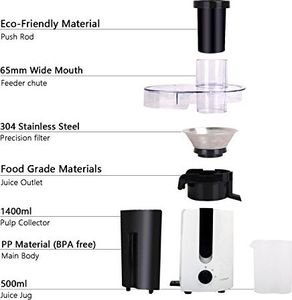 Wyciskarka wolnoobrotowa Aigostar  Aigostar Sokowirówka Warzywa i owoce Wyciskarka wolnoobrotowa Sokowirówka elektryczna Automatyczna z 2 poziomami Tarcze tnące ze stali nierdzewnej Duży wałek do napełniania jabłek Pomarańczowa marchewka Marchewka - Winog 6