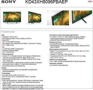 Telewizor Sony Telewizor Sony KD-43XH8096 Bravia 108 cm (43 cale) (Android TV, LED, 4K Ultra HD (UHD), High Dynamic Range (HDR), Smart TV, pilot głosowy, model 2020) Czarny 10
