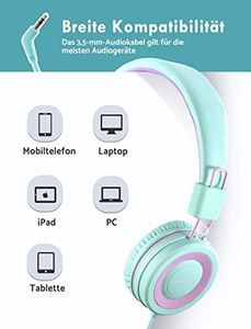 Słuchawki Mpow Słuchawki, Słuchawki chłopięce, Słuchawki Mpow CH8 dziecięce 2 szt., ogranicznik głośności 91dB nauszniki, prezent z drutu nylonowego, odpowiednie dla szkół, rodzin, podróży, Niebieski + zielony? 3