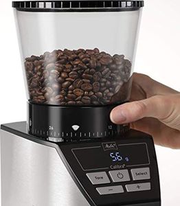 Młynek do kawy Melitta Melitta 1027-01 SST BK elektryczny młynek do kawy Calibra ze stożkowym młynkiem i wyświetlaczem LCD, a także zintegrowaną skalą, 39 ustawień mielenia, pojemność: 375 g, 160, czarny / stal nierdzewna 10