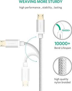 Kabel USB Ugreen Kabel szybkiego ładowania UGREEN Kabel micro USB 2.0 Nylonowe wsporniki do Samsung S7 Samsung Galaxy S6 S5 Edge J3 J5 J7 A3 A5 A7, Huawei P10 Lite P9 Lite, kontroler PS4 (0,5 m, biały) 4