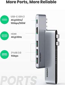 Stacja/replikator Ugreen UGREEN USB C Hub HDMI obsługuje MacBook Pro 16 cali, MacBook Pro 13 2020, MacBook Air 15 2019 Hub USB-C Adapter Thunderbolt 3 z 8K USB C, 4K HDMI, USB 3.0, zasilanie 100W 6