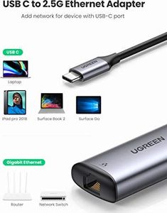 Karta sieciowa Ugreen UGREEN USB C do RJ45 2.5 Gigabit Ethernet Adapter Type C Lan Adapter 2.5G Adapter sieciowy Thunderbolt 3 Ethernet Adapter dla MacBook Pro, Mac Mini, MacBook, MacBook Air od 2018, iPad Pro 2018/2020 3