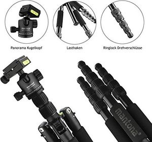 Statyw Mantona Lekki podróżnik Mantona - lekki aluminiowy statyw podróżny, niezwykle lekki 1,1 kg i kompaktowy 30,5 cm, funkcja jednej nogi, panoramiczna głowica kulowa 360do Arca-Swiss, z torbą, czarny 2