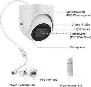 Kamera IP H. VIEW Kamera kopułkowa H.VIEW POE 5 MP Kamera IP 1944P Kamera HD 2,8 mm z mikrofonem do wykrywania ruchu / w pomieszczeniach IP67 ONVIF dzień / IR Night Vision Detekcja ruchu 3