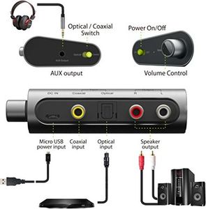 Adapter AV Avantree Avantree DAC02 konwerter DAC DA konwerter cyfrowo-analogowy konwerter audio, adapter SPDIF Toslink z kablem optycznym, regulacja głośności, optyczne wejście koncentryczne telewizora, głośnik słuchawkowy 3,5 mm AUX RCA wyjście L / R 2