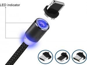 Kabel USB Kabel USB Magnetyczny 3w1 Micro USB/ TYP C USB-C/ IPhone Lightning Przewód Nylonowy Magnetic podświetlany LED czarny 3
