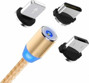 Kabel USB Kabel USB Magnetyczny 3w1 Micro USB/ TYP C USB-C/ IPhone Lightning Przewód Nylonowy Magnetic podświetlany LED złoty 1