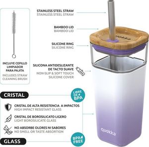 Quokka Liquid Cube - Kubek szklany 540 ml ze słomką ze stali nierdzewnej (Lilac Gradient) (40055) - 40055 2