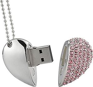 Pendrive Shooo Shooo 64 GB Rhinestone Metal Heart USB Stick, modnaBiżuteria Bling Błyszczący kryształowy diamentowy wisiorek, z naszyjnikiem 1