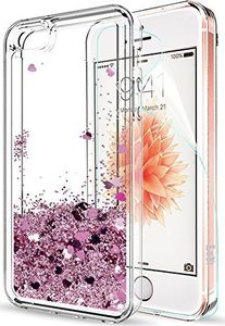LeYi Pokrowiec LeYi iPhone 5S / iPhone SE / iPhone 5 / iPhone SE 2 Brokatowy z folią ochronną HD, pokrowiec Zderzak TPU Quicksand przezroczysty pokrowiec ochronny na etui iPhone 5S ZX czerwony różowe złoto 1