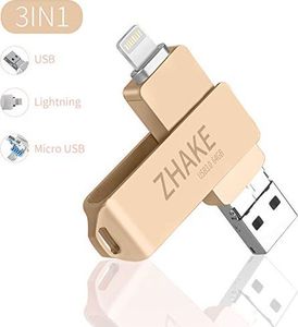 Pendrive Zhake Pamięć USB 64 GB 3 w 1 Rozszerzenie pamięci flash USB 3.0 Zewnętrzna pendrive Pendrive, dla Apple iOS iPhone iPod iPad Telefon komórkowy OTG Komputer Andriod Laptop PC (złoty) 1