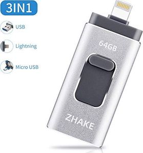 Pendrive Zhake Pamięć USB 64 GB Rozszerzenie pamięci flash 3 w 1 USB 3.0 Zewnętrzna pendrive Pendrive, dla Apple iOS iPhone iPod iPad Telefon komórkowy OTG Komputer Andriod Laptop PC (srebrny) 1
