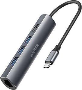 HUB USB Anker Anker 5-w-1 USB C koncentrator danych z 1 wyjściem HDMI, 1 portem Ethernet i 3 portami USB 3.0 dla 10/100/1000 Mb / s, dla MacBooka Pro 2016/2017, ChromeBooka, XPS 1