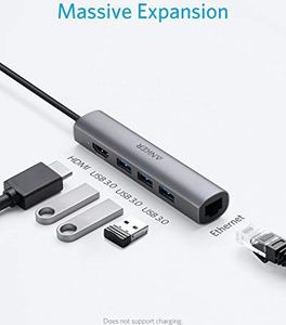 HUB USB Anker Anker 5-w-1 USB C koncentrator danych z 1 wyjściem HDMI, 1 portem Ethernet i 3 portami USB 3.0 dla 10/100/1000 Mb / s, dla MacBooka Pro 2016/2017, ChromeBooka, XPS 3