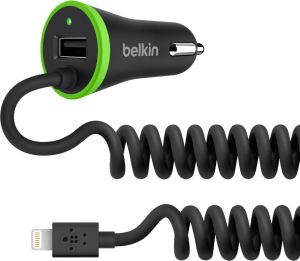 Ładowarka Belkin Samochodowa Uniwersalna, USB 1 A, Kabel Lightning 2.4 A, Czarno-Zielona (F8J154BT04-BLK) 1