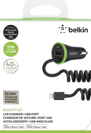 Ładowarka Belkin Samochodowa Uniwersalna, USB 1 A, Kabel Lightning 2.4 A, Czarno-Zielona (F8J154BT04-BLK) 2