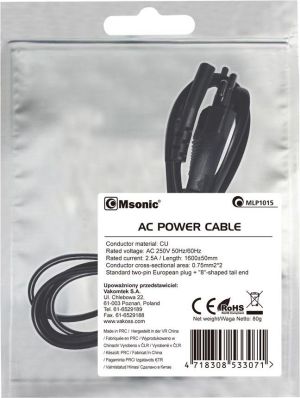 Kabel zasilający Msonic notebook/radio C8 (2 pin), 1,6m, czarny (MLP1015) 2