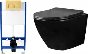 Zestaw podtynkowy Rea Zestaw Misa WC Carlo Mini Czarna Bezrantowa Podwieszana Deska Duroplast + Stelaż Podtynkowy Ze Złotym Przyciskiem Rea 1
