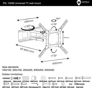 4World 4World | Uchwyt ścienny | Rozmiar ekranu : 32-50" | VESA 100x100/200x100/ 200x200/400X400 | Maksymalne obciążenie : 40 kg | Kolor : biały | Waga : 4,8kg | Szerokość : 42cm - 10096 1