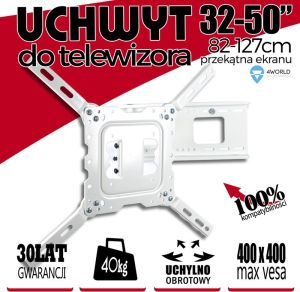 4World 4World | Uchwyt ścienny | Rozmiar ekranu : 32-50" | VESA 100x100/200x100/ 200x200/400X400 | Maksymalne obciążenie : 40 kg | Kolor : biały | Waga : 4,8kg | Szerokość : 42cm - 10096 7