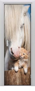 Tulup Fototapeta samoprzylepna na drzwi 75 x 205 cm biały koń z kotem 1