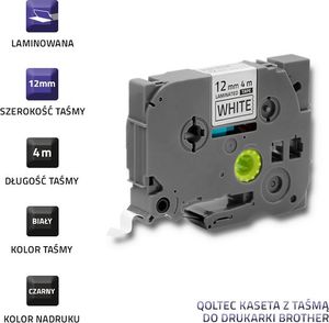 Qoltec Taśma do BROTHER TZe-231 | 12mm x 4m | Biała/ Czarny nadruk 2