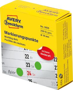 Avery Zweckform Kółka do zaznaczania w dyspenserze Avery Zweckform, 250 szt./rolka, O19 mm, zielone, ZIELONY 1
