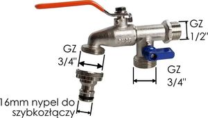 Bradas Kran kulowy 1/2 2x GZ 3/4 z nyplem do szybkozłącza Bradas 2977 2