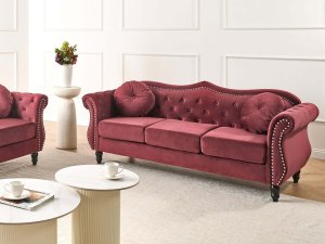 Beliani Sofa 3-osobowa welurowa bordowa SKIEN 9