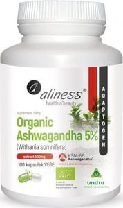 Aliness MedicaLine Organiczna ashwagandha 5% Organic ashwagandha Withania somnifera KSM-66 100 kapsułek Aliness 1