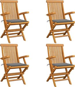 vidaXL Krzesła ogrodowe, szare poduszki, 4 szt., lite drewno tekowe 1